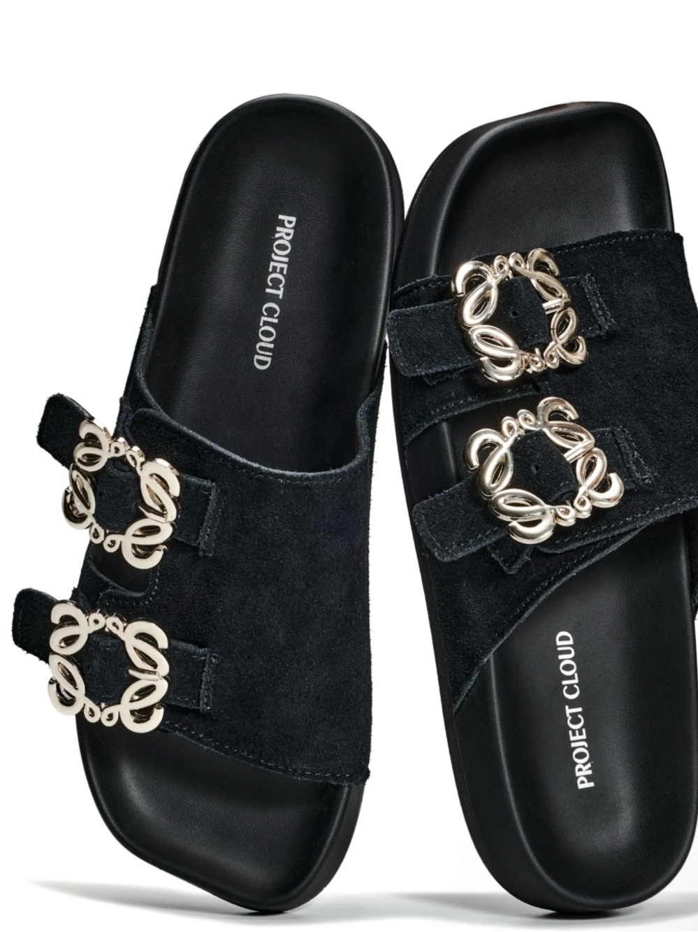 Project Cloud Women’s Black Suede Slide Sandals with Decorative Gold Buckles